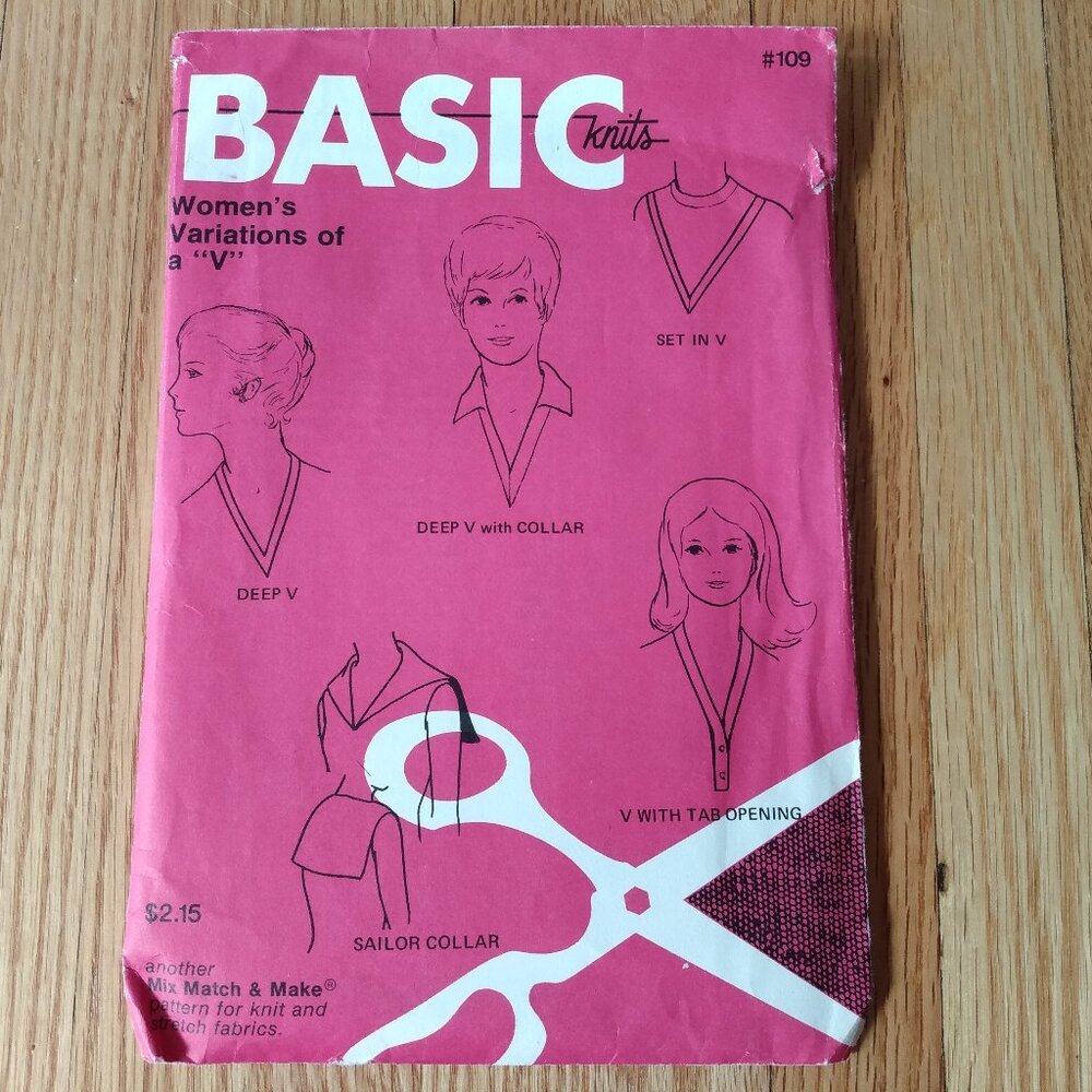 Vintage 70s Shirt Neckline Sewing Pattern Deep V-Neck Tab Sailor Basic Knits 109